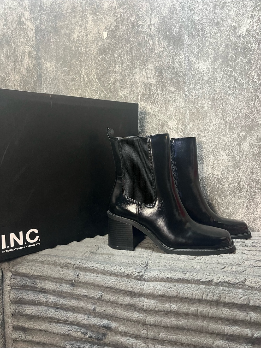 INC International Concepts Black Leather Chelsea Block Heel Ankle Boots
